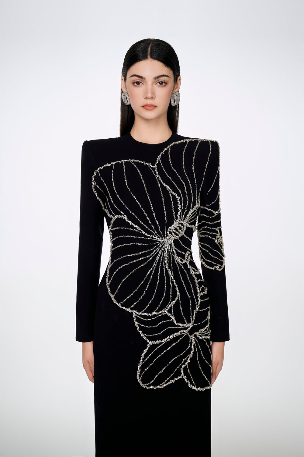 Long Sleeve Orchid Patterned Bodycon Full Dress - TRACY COUTURE